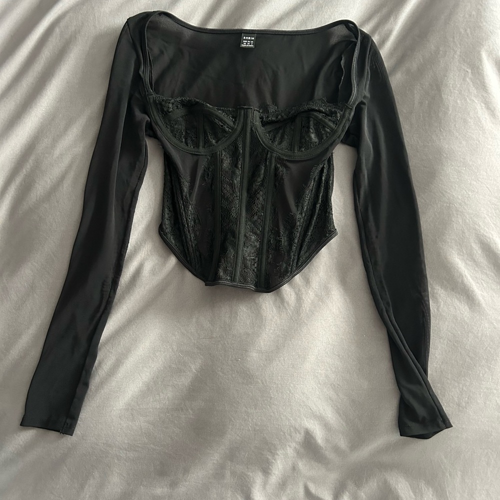 SHEIN Black Sheer Long Sleeve Bodysuit
